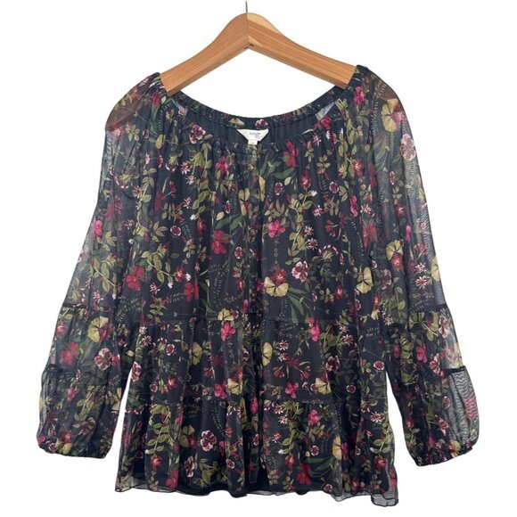 Terra & Sky Womens Top Sz 0X 14W Plus Black Floral WhimsiGoth FairyGoth Mesh Net - Picture 1 of 10